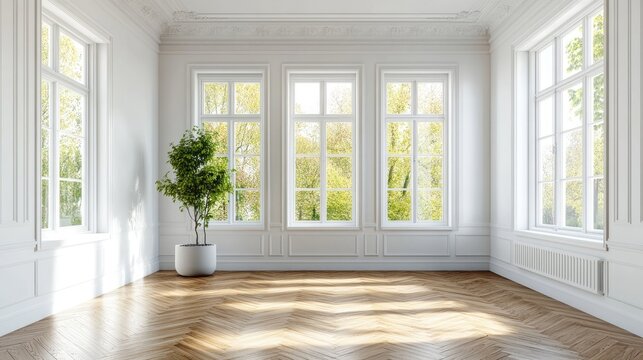 Bright spacious room featuring a white ceiling and cornice glossy herringbone parquet flooring three large windows and a white plinth Beautiful sunny interior 3D illustration 8K Ultra HD