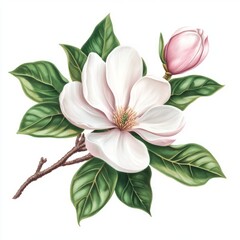 Magnolia with leaves, isolated on white background.