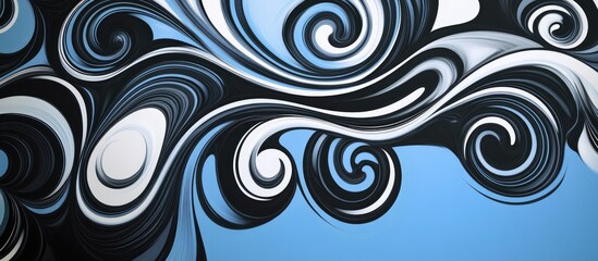 Fototapeta premium Abstract blue background featuring swirling black and white patterns