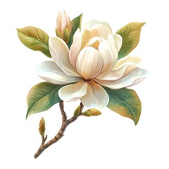 Magnolia with leaves, isolated on white background.