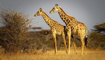 Obraz premium Majestic giraffes walking through the African savanna at sunset, wild giraffe pair in golden hour light on the safari plains, graceful African wildlife roaming the dry grassy wilderness