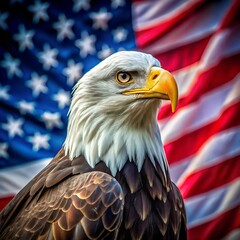 Naklejka premium Bald Eagle with American Flag in Background