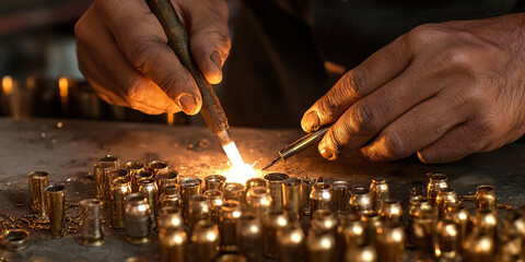 Brass Alchemist: A skilled craftsman working with melted down bullet casings, transforming them into unique pieces of metal art.