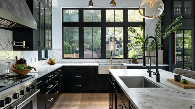 Modern kitchen tour showcasing sleek black cabinets and elegant marble countertops in a spacious open-concept layout