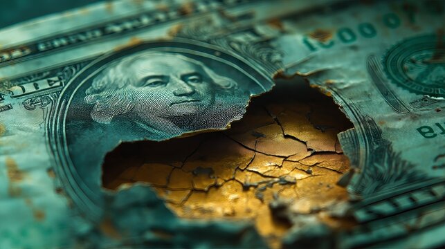 A close-up of a torn and weathered dollar bill.