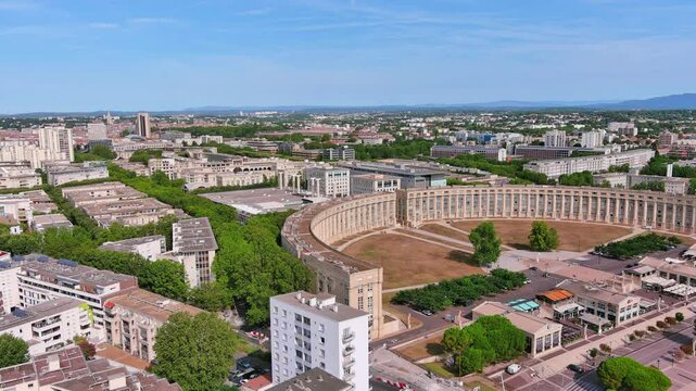 Montpellier, France: Aerial view of famous French historic city, plaza Esplanade de l'Europe, summer day with blue sky - landscape panorama of Europe from above

