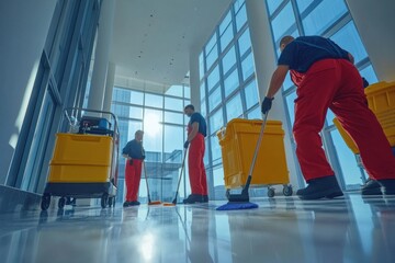 A team of janitors in uniforms working together
