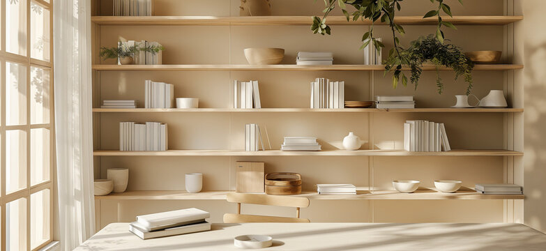 Office interior backdrop for online meetings. Light home office setting bookshelves background. Minimalist online workspace aesthetics. Video conferencing room design in pastel tones.