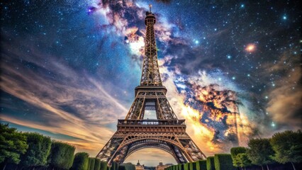 The Eiffel Tower at night illuminated against a starry sky.