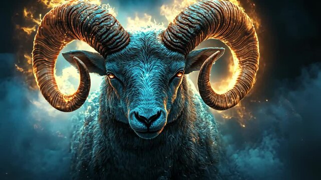 Majestic ram surrounded by mystical flames in a dark, enchanted setting at twilight