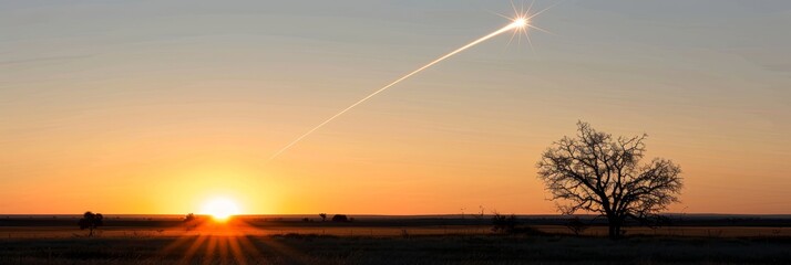 Solitary Silhouette Lonely Tree Against a Golden Sunset with Contrail Streaking Across the Sky
