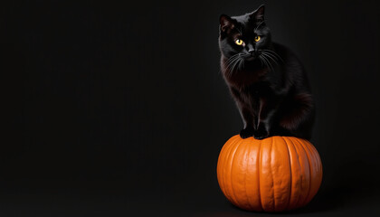 A black cat sitting on a pumpkin against a solid black background, with plenty of space for sale text in the center