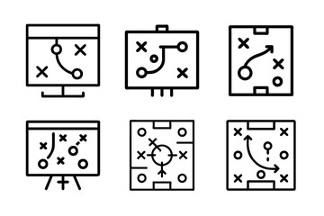 Dynamic football tactics icon set showcasing game strategies and play schemes. Sleek vector illustrations on a white background, perfect for sports analysis and coaching success.