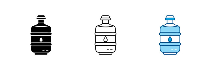 Water dispenser bottle vector sign featuring clean, pure mineral water bottles and plastic gallon illustrations. Flat icon set on a white background, ideal for hydration and water supply visuals.