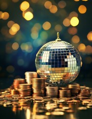 Obraz premium Disco ball, Financial theme depicting a disco ball resting on a pile of coins. This image represents concepts of money and wealth in global finance,disco ball 