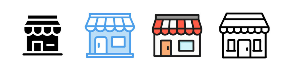 Set of store icons featuring various shop designs. Clean vector illustrations on a white background, ideal for retail, e-commerce, and business visuals