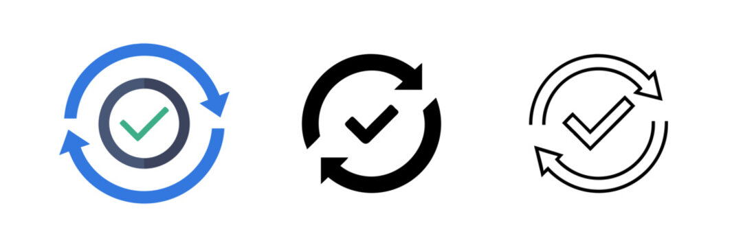 Checking process linear icon set with check marks and circle arrows. Vector illustrations on a white background, ideal for indicating successful completion and verification.
