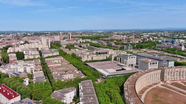 Montpellier, France: Aerial view of famous French historic city, plaza Esplanade de l'Europe, summer day with blue sky - landscape panorama of Europe from above
