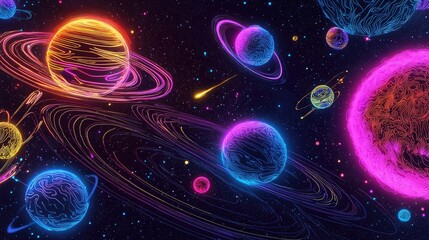 Neon black light sgraffito solar system 3d illustration