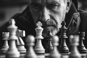Elderly Man Concentrating on Chess Game in Dimly Lit Room