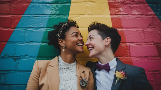 Beautiful candid style wedding portrait photo of a biracial gay, lesbian or queer couple looking joyful, rainbow elements, LGBTQ, pride, landscape format 16:9