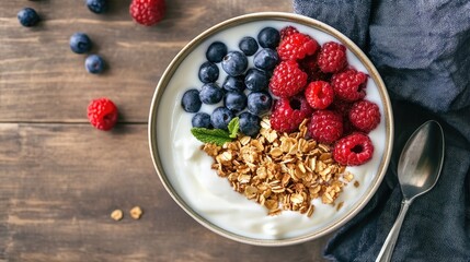 Generative AI of a nutritious breakfast bowl topped with yogurt, crunchy granola, fresh berries, and cereal, paired with milk, overhead view