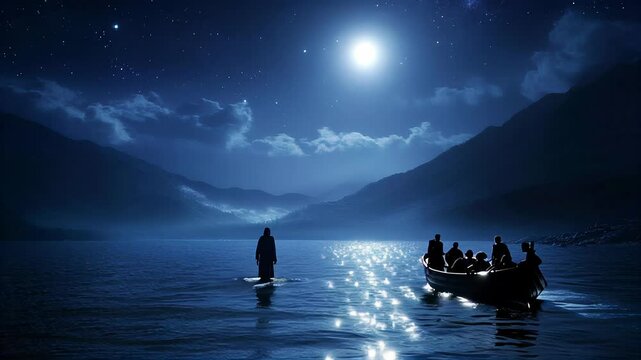 Serene night scene on the Sea of Galilee with Jesus walking on water and disciples in a boat. Concept of faith, peace, and divine presence.