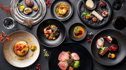 Gourmet Dishes on Black Plates with Red Berries and Sprigs