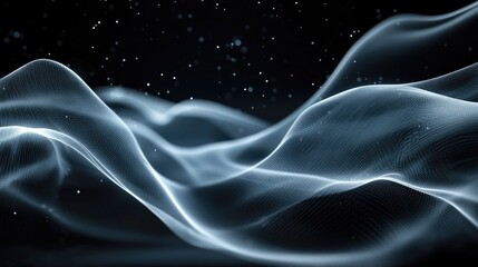 Obraz premium Ultra-wide background image with dynamic glowing transparent white lines and flowing waves, creating a sleek and futuristic design