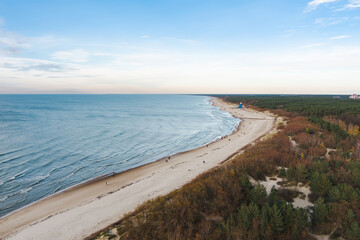 Aerial view of the Baltic Sea shore line near Klaipeda city, Lithuania. Beautiful sea coast on chilly autumn day.