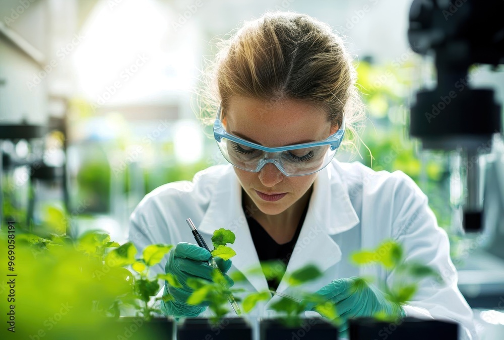 Wall mural Female scientist in a biotech lab developing genetically enhanced crops for higher yield, biotech farming, smart agriculture