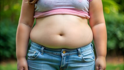 Overweight Woman in Casual Clothing Showing Belly