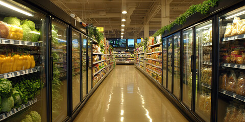 Sustainable Solution: Eco-friendly refrigeration systems and energy-efficient lighting illuminate aisles lined with organic, locally sourced foods.