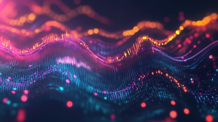 Fototapeta premium Vibrant data trends graph with glowing transparent lines and waves, creating a dynamic business profit visual on a dark background