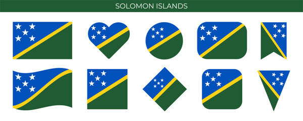 Solomon Islands national flag set. Solomon Islands flag of different shapes. Vector illustration isolated on white background