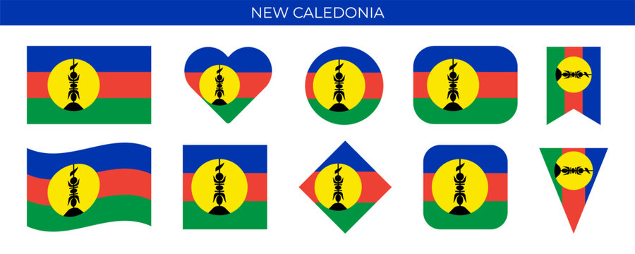 New Caledonia national flag set. New Caledonia flag of different shapes. Vector illustration isolated on white background