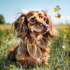 dachshund dog  sitting in a grassy field, butterfly hovering nearby dog .