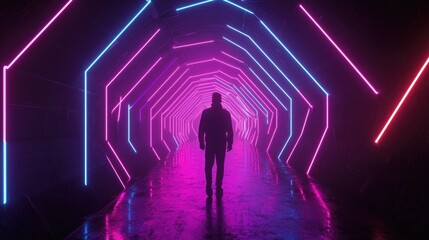 Neon geometric figure in a dark tunnel with laser glow effects