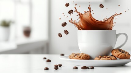A white coffee cup splashing with a cookie dipping into the drink, surrounded by coffee beans on a bright kitchen table. Cozy breakfast moment concept.
