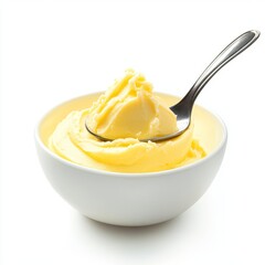 Butter curled on spoon, placed in white bowl, isolated on white background.