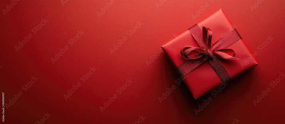 Aufkleber Christmas present on a red paper background. with copy space image. Place for adding text or design