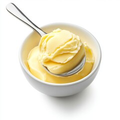 Butter curled on spoon, placed in white bowl, isolated on white background.