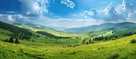 Fototapeta premium green valley with hills green trees and grass under a clear sky on the horizon. with copy space image. Place for adding text or design