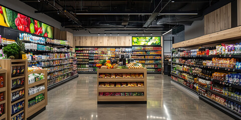 Health-Conscious Haven: A clean, modern supermarket showcasing wellness brands, with knowledgeable staff and educational signage.