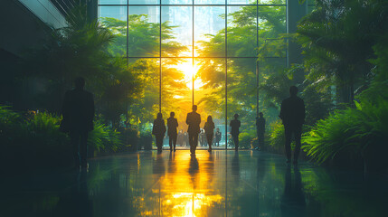Bright Green Office Interior with Glass Walls and People in Motion