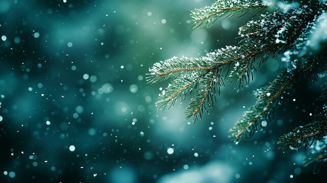 winter landscape with snow covered fir branches on a blurred background