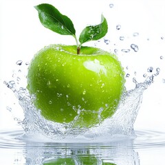 Fresh green apple and splash of water isolated on white background