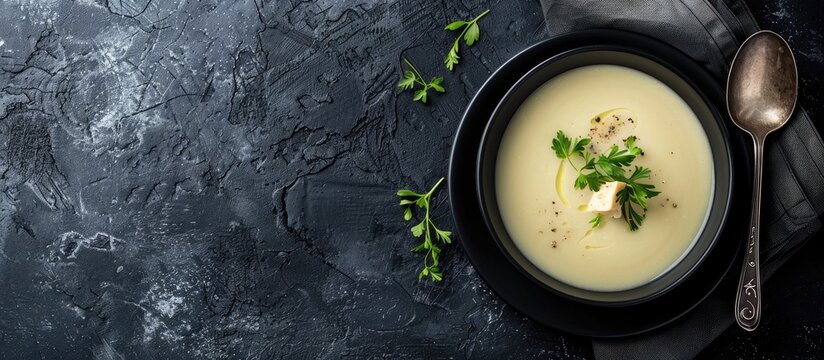 Vegan cream soup top view with copy space Various pureed soups set against a black background
