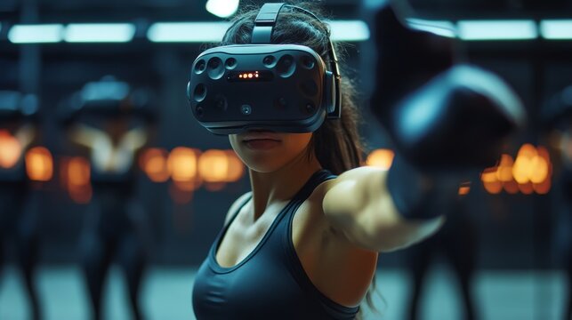 Futuristic AI-powered VR fitness trainers providing interactive sessions: VR trainers offering real-time feedback during personalized workout sessions.