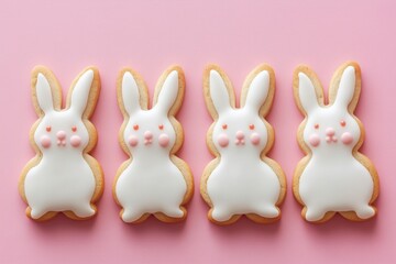 Obraz premium Cute bunny-shaped cookies with icing, arranged on a pink background, perfect for Easter themes